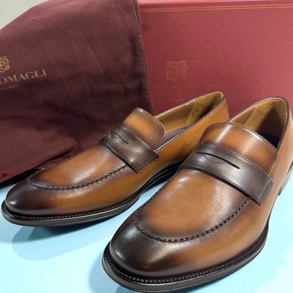 NEW Buno Magli AREZZO Dark Brown/Cognac Penny Loafer Slip On Dress Shoe sz 9 - Picture 1 of 13